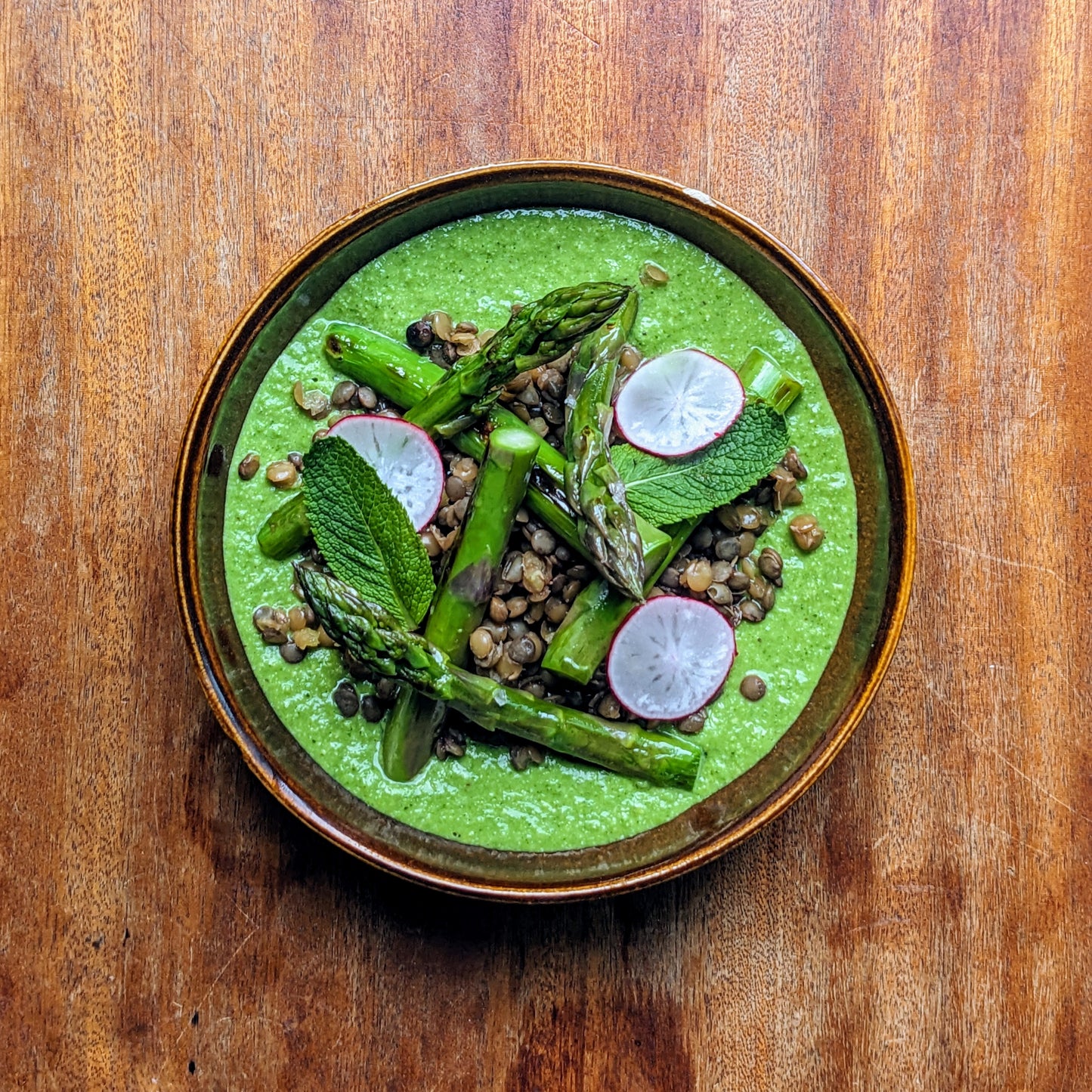 Speckled Lentils, Pea Purée and Asparagus
