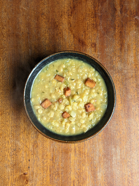 Split Pea Soup with Crispy Smoked Tofu