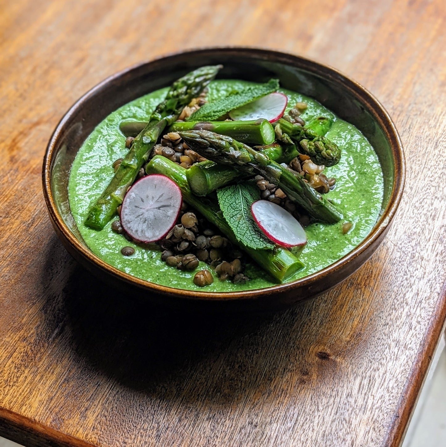 Speckled Lentils, Pea Purée and Asparagus