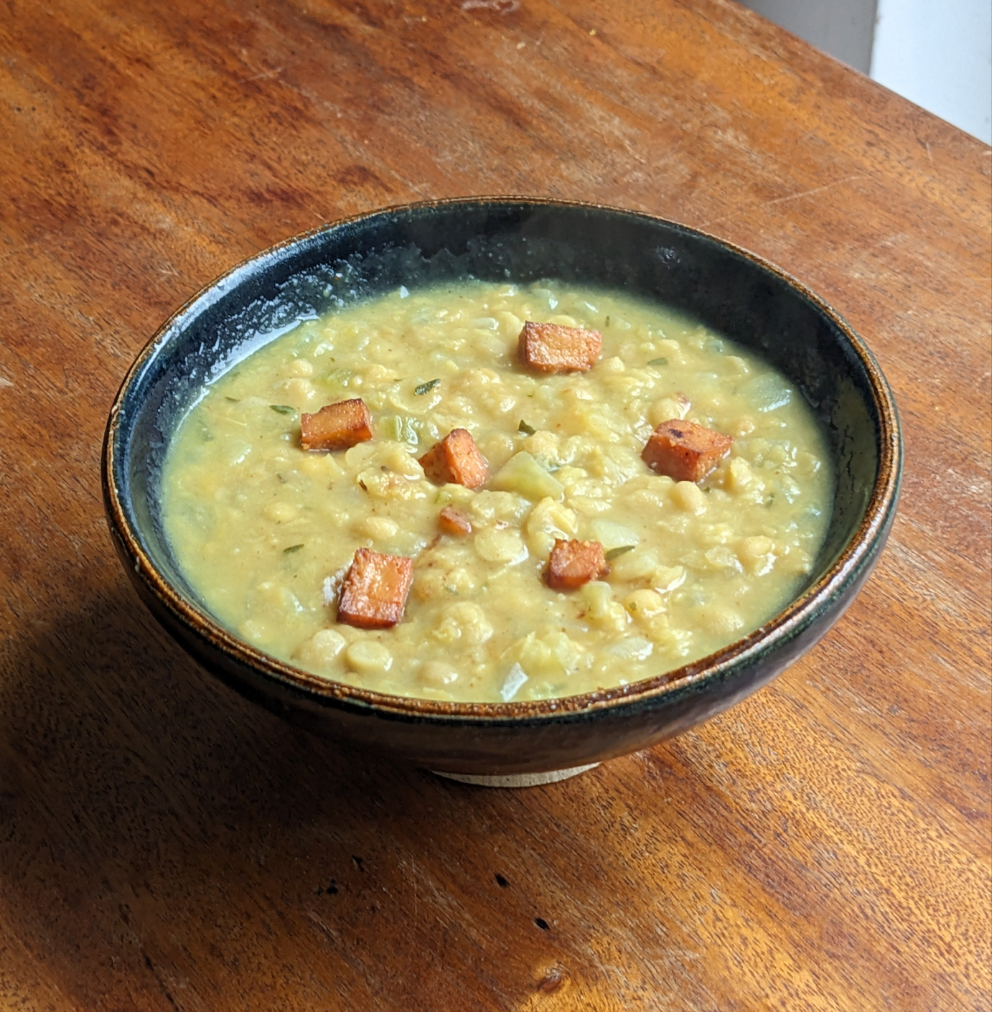 Split Pea Soup with Crispy Smoked Tofu