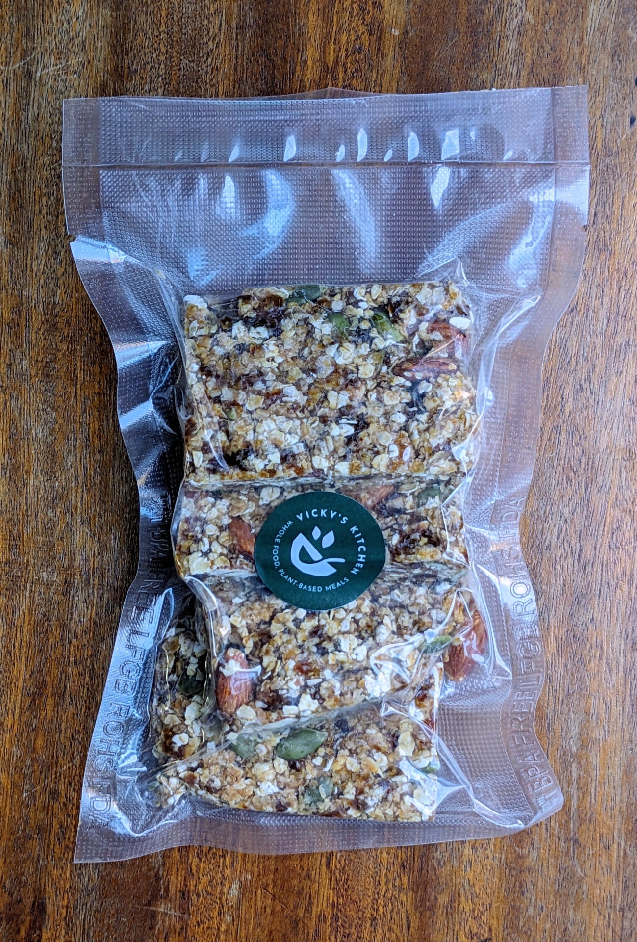 Close-up of my nutty granola bars showing the crunchy almonds and toasted oats.