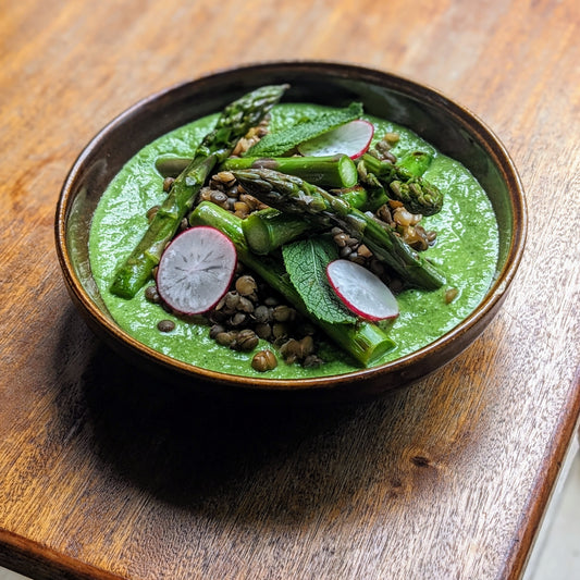 Speckled Lentils, Pea Purée and Asparagus